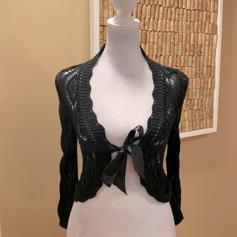Le Chat Paris. Short Black Open Knit Cardigan with Satin Bow for Closure